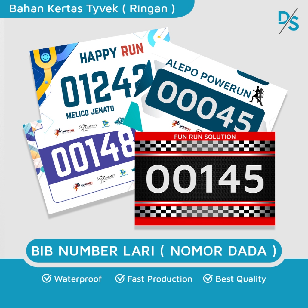 DSPRINTING - Bib bahan Kertas Tyvek Dupont 68gsm /  Nomor dada / Nomor Perserta Lomba lari / Nomor Ujian / Nomor Sepeda / Nomor Dada /Kertas Anti Air / Anti Sobek / Sintetik / Waterproof